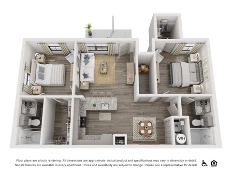 Floor plan for 2 beds, 2 baths, 1045 sqft
